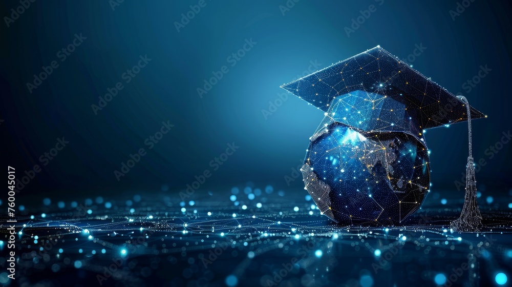 Aufkleber polygonal abstract isolated on dark background. low poly wireframe style graduation cap for earth. e