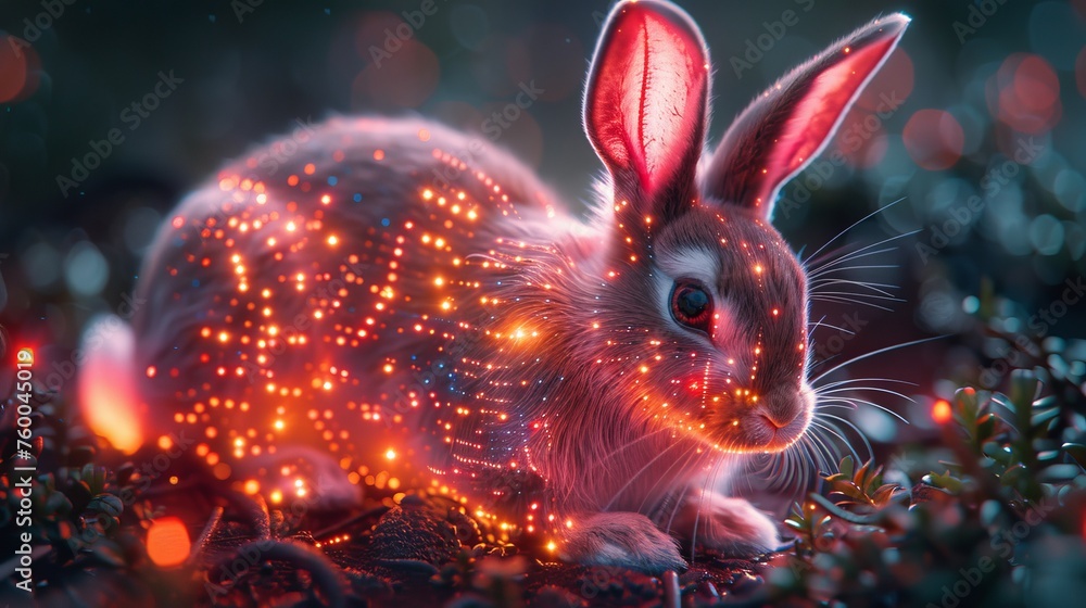 Poster Easter neon bunny with hare ears patterned with computer boards. Technological greeting card.