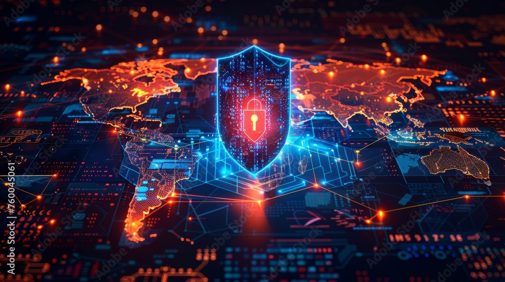 Poster 3d modern illustration of an internet privacy shield lock in futuristic polygonal style.