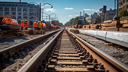 Naklejka premium Construction site of railroad track. Building of new tram connection in city.