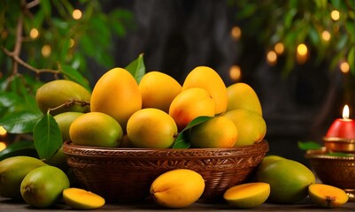 al fruit, mango Tropic on yellow plate for  Tamil New Year 