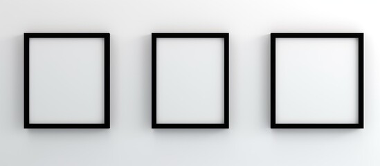 Three rectangular black frames are symmetrically hung on a white wall, creating a visually pleasing...