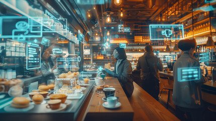 Selective focus of AR glasses view of coffee shop with programmable command buttons and text floating in the air.