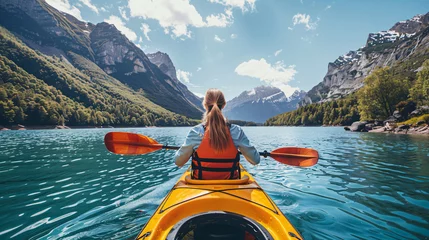 Foto op Canvas woman on the canoe boat, view from back, lake, water, woman, boat, nature, mountain, river, mountains, landscape, summer, sky, fishing, view, sea, boy, beauty, vacation, tree, travel, scenic, bay, out © Pana