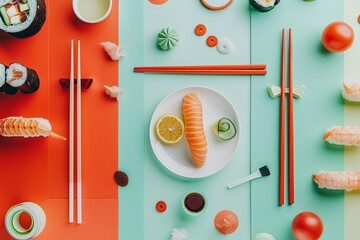 A vibrant, geometric composition of sushi and chopsticks, creating an appetizing balance of color and form, showcasing the elegance of Asian cuisine.