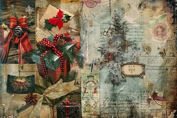A charming collage of Christmas memorabilia, blending rustic presents and festive decorations with antique paper and stamps, evoking the warmth of yesteryear's holiday.