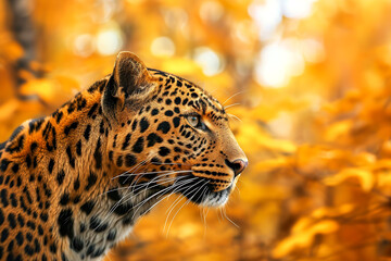 Leopard in the autumn forest close-up. Selective focus.