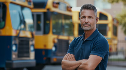 Caucasian male school bus driver is crossing his arms in confidence.