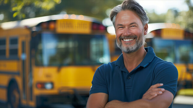 Caucasian male school bus driver is crossing his arms in confidence.