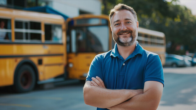 Caucasian male school bus driver is crossing his arms in confidence.