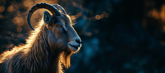 portrait of a goat over a dark background with copy space - obrazy, fototapety, plakaty