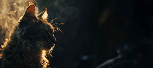 portrait of a cat over a dark background with copy space - obrazy, fototapety, plakaty