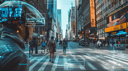 Selective focus of ar glasses view, city street with program command buttons and text floating in...