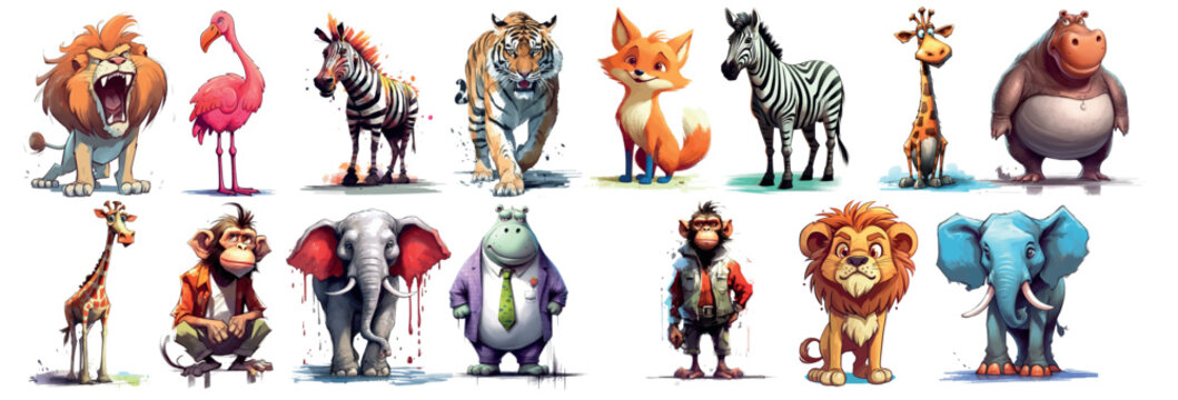 Colorful Collection of Cartoon Animals: Lions, Elephants, Zebras, and More in Various Poses and Expressions for Creative