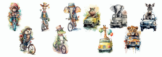 Whimsical Watercolor Illustration of Animals Riding Bicycles and Cars, Showcasing a Playful and Artistic Representation of Wildlife - obrazy, fototapety, plakaty