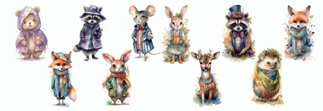 Whimsical Watercolor Illustrations of Animals in Clothes, Featuring a Bear, Raccoon, Mouse, Rabbit, Deer and Foxes in Various