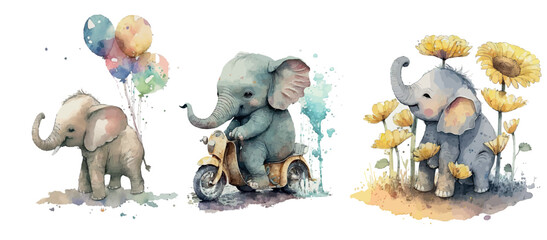 Adorable Watercolor Elephants: A Playful Baby Elephant with Balloons, a Joyful Elephant on a Scooter, and a Cute Elephant Among