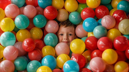 Fototapeta na wymiar Caucasian boy in a pile of colorful plastic balls.