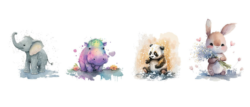 Adorable Watercolor Illustrations of Baby Animals: Elephant, Hippo, Panda, and Bunny Surrounded by Floral