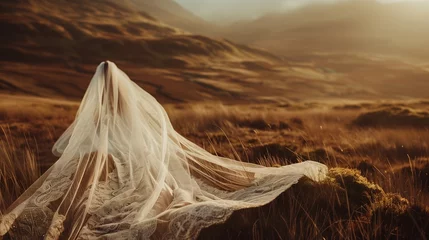 Poster Autumn Elegance: Bride with Large Veil Amidst Mountain Scenery © Matt