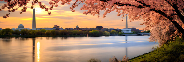 Dawn Breaks Over Iconic Washington DC Monuments Reflected in Potomac River - obrazy, fototapety, plakaty