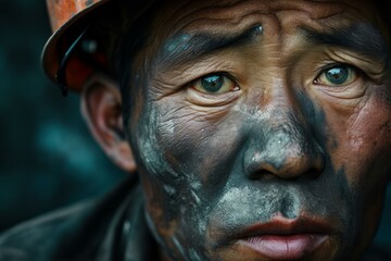 Asian miner face worker. Mine coal. Generate Ai