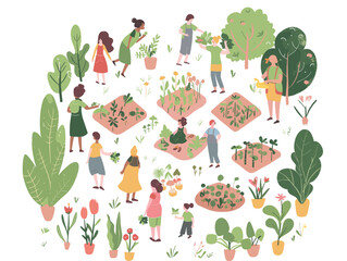  A community garden thrives with plots cultivated by people from different socioeconomic backgrounds promoting food security and fostering connections through shared responsibility. 