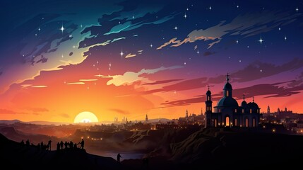 Fototapeta premium Nativity Of Jesus - Scene With The Holy church With Comet At Sunset.