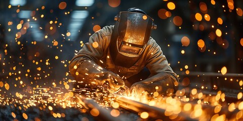 worker working on welding station with fire sparks bokeh light, Generative Ai - 760047830