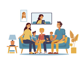  A family gathers around a video call connecting with their mother who lives far away sharing laughter and stories. 