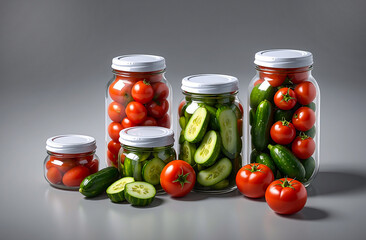 canned or pickled cucumbers and tomatoes in glass jars. preparation for the winter
