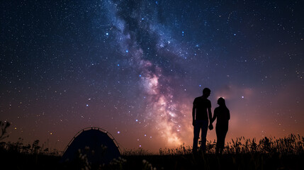 Silhouette of a couple with their arms around each other at a tent site looking at the stars.
