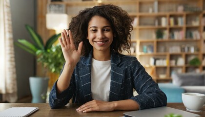 Young and energetic female is ready for an online interview on a video call, sitting at the desk at home and looking and waving at the camera, saying hello. Job hunting concept