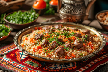 Fototapeta premium A plate of pilaf with meat and rice on a table. Traditional Middle Eastern Dish