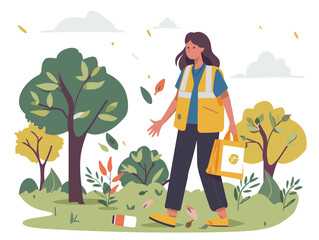  A person wearing a volunteer vest walks through a park picking up litter and promoting environmental responsibility.  - obrazy, fototapety, plakaty