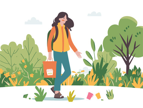 A person wearing a volunteer vest walks through a park picking up litter and promoting environmental responsibility. - Powered by Adobe