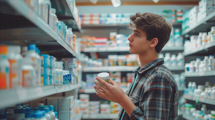 Caucasian male customer picks up pill bottle in pharmacy.