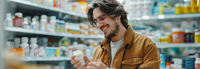 Caucasian male customer picks up pill bottle in pharmacy.