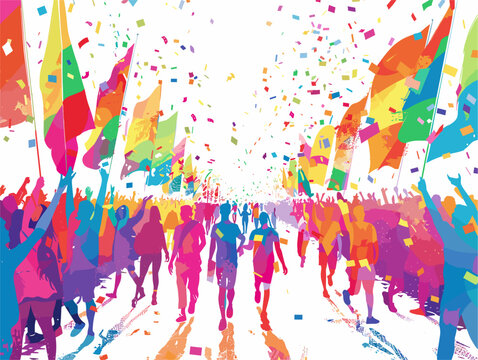  A vibrant parade bursts down the street a kaleidoscope of colors and costumes celebrating the pride of the LGBTQ+ community. 