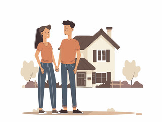  A young couple holds hands and gazes at their newly constructed house excited to build a future together. 