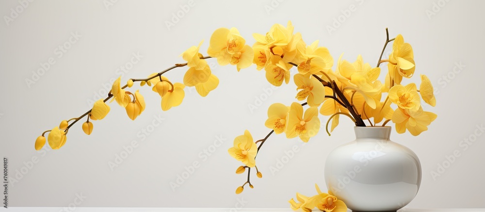 Wall mural A white porcelain vase holding a bouquet of ambercolored flowers and green twigs, placed elegantly on a table