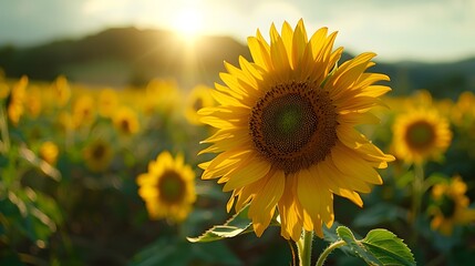 A Sunflower's Close-Up Amidst a Sunflower Field.