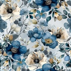 Farmhouse Blooms: Seamless Minimalistic Pattern in Blue, Green, Silver, and Gold