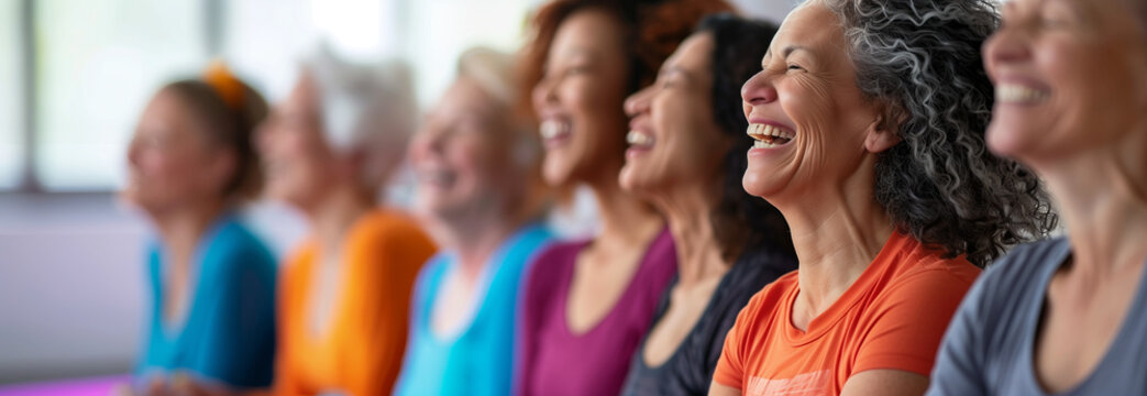 Elderly women laughing and sitting together in yoga studio.