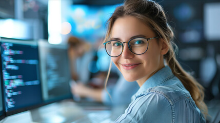 Caucasian female programmer working, coding computer program in office.