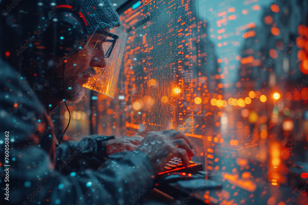 Aufkleber hacker working on a computer in the city. cybercrime concept. ai.