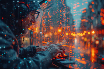 Hacker working on a computer in the city. Cybercrime concept. AI. - obrazy, fototapety, plakaty