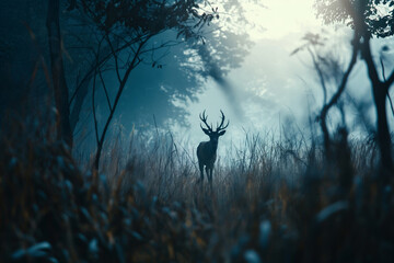 silhouette of a deer in a foggy forest