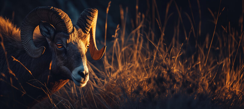 portrait of a big curly horn goat walking through a grassy field at sunset with copy space - Powered by Adobe
