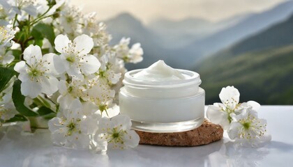 Fototapeta na wymiar Face cream in an open glass jar and flowers on white background